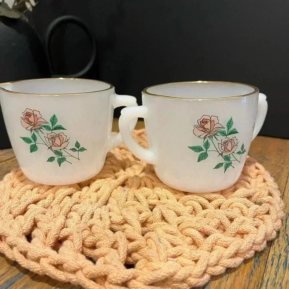 Vintage Fire-King Milk Glass Cups – Rose Motif & Gold Rim (Set of 2) - Picture 1 of 9